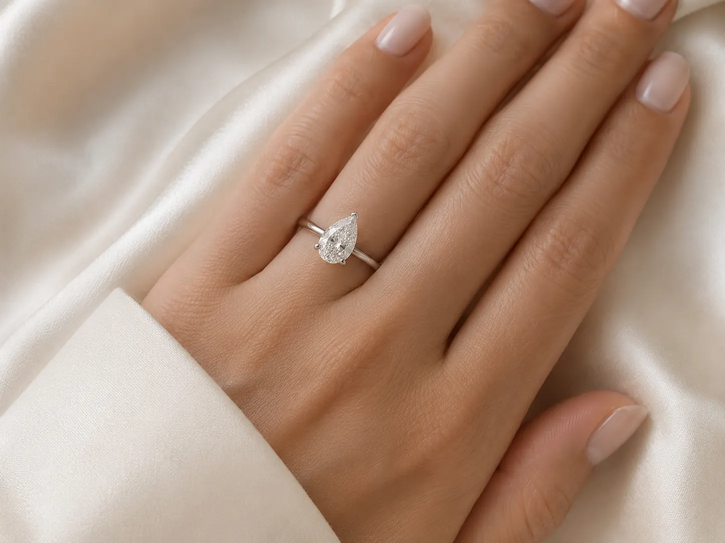 Pear cut diamond engagement ring on a woman's hand resting on cream silk