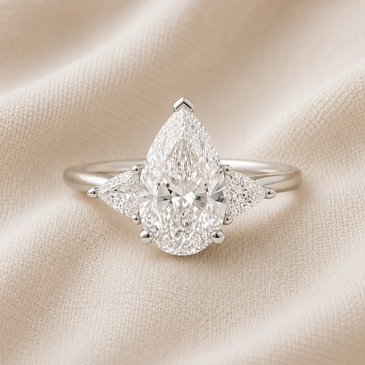 Pear cut three-stone engagement ring with trillion side stones