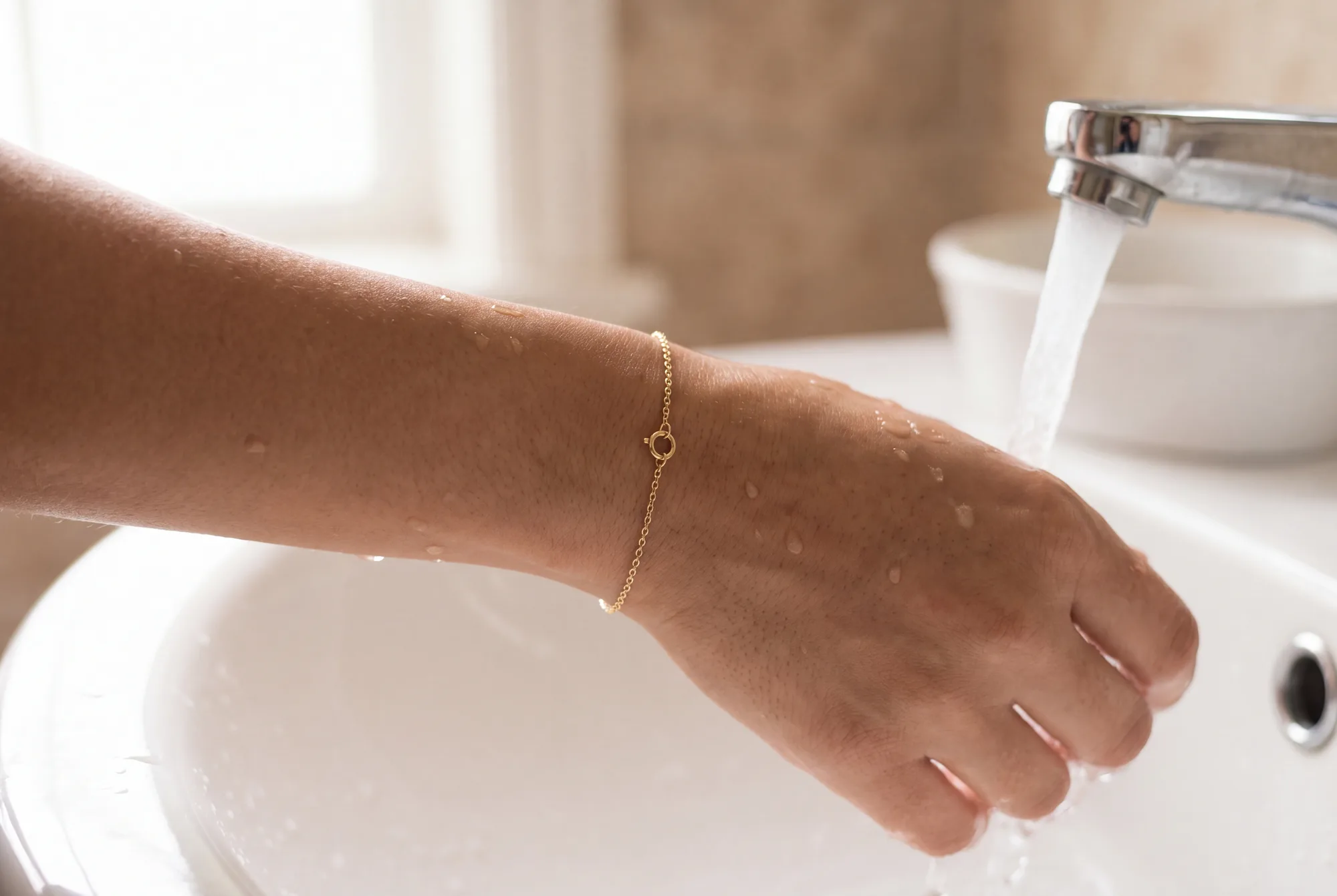 A wrist wearing a fine chain bracelet under running water at a sink in natural light.