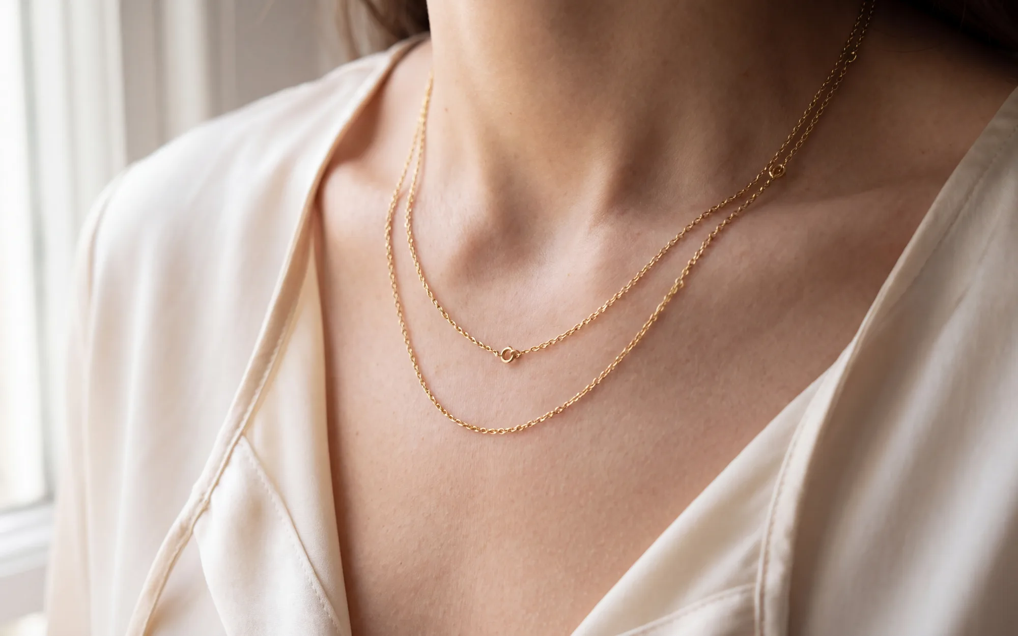 A fine welded necklace layered with a slightly longer chain at the neckline.