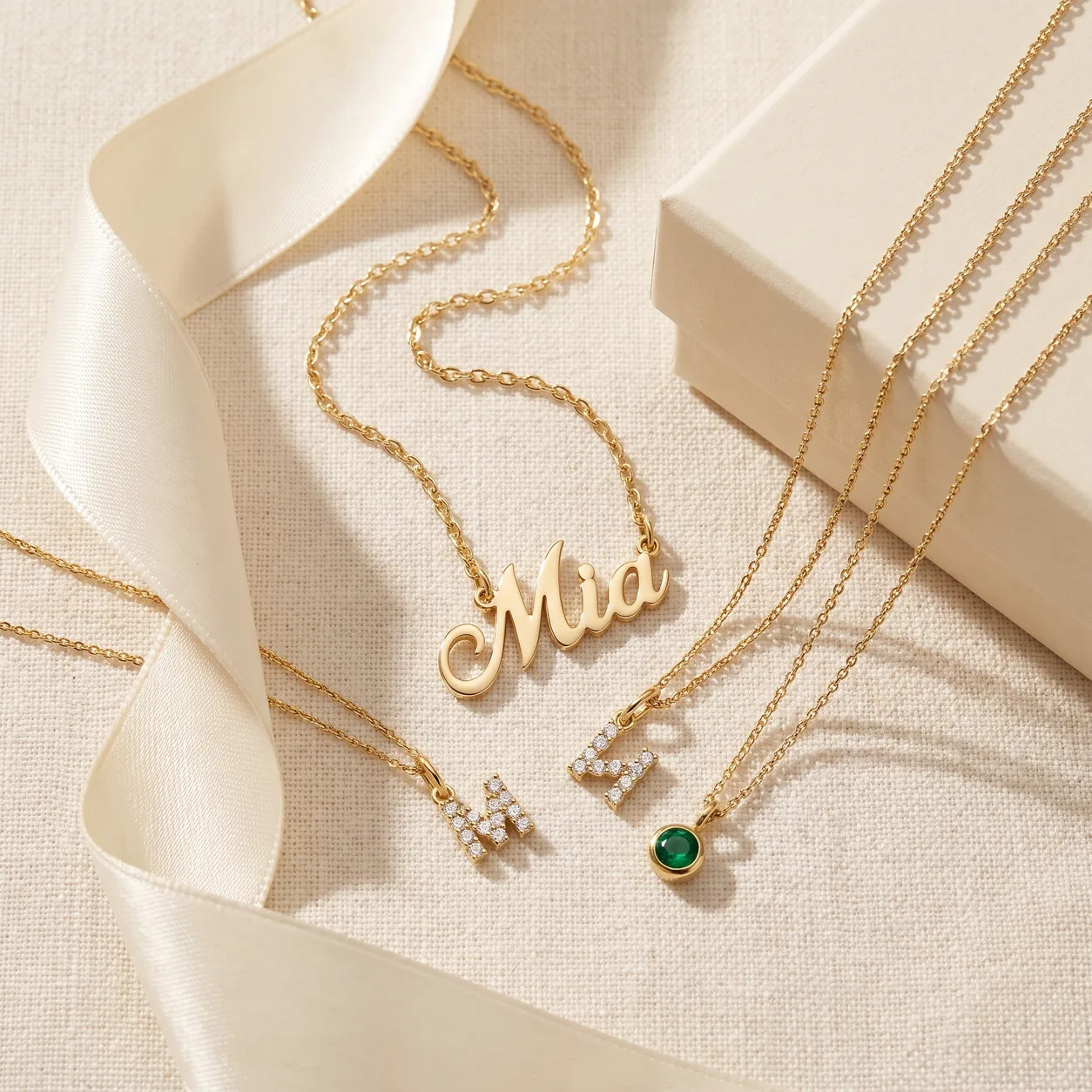 A gold script name necklace reading Mia, two diamond-set gold initial pendants, and a green birthstone pendant laid on cream linen beside an ivory silk ribbon and a plain gift box