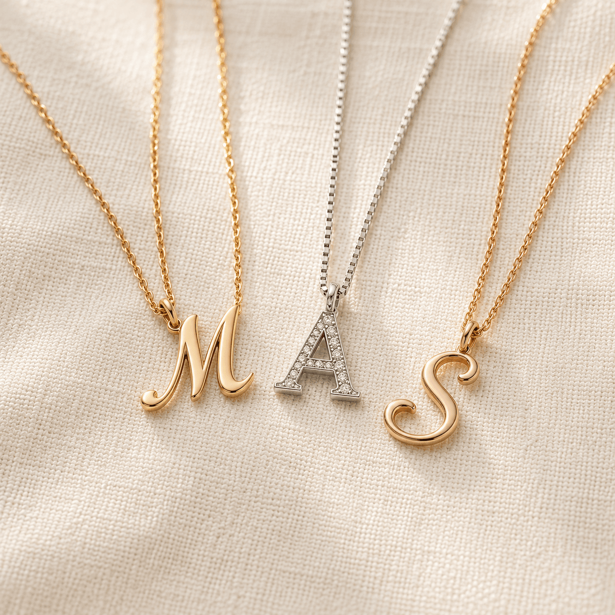 Gold initial necklaces in 14K yellow gold, 14K white gold, and 14K rose gold with diamond accents on cream linen at ATL Luxury Jewelers Atlanta