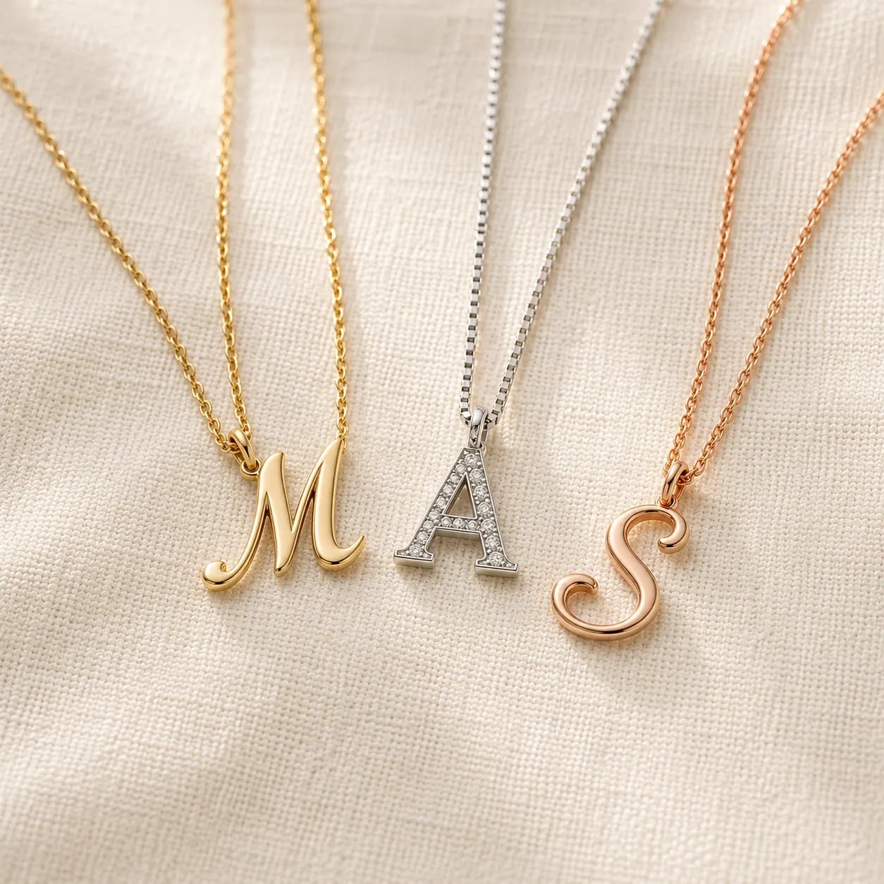 Gold initial necklaces in 14K yellow gold, 14K white gold, and 14K rose gold with diamond accents on cream linen at ATL Luxury Jewelry Atlanta