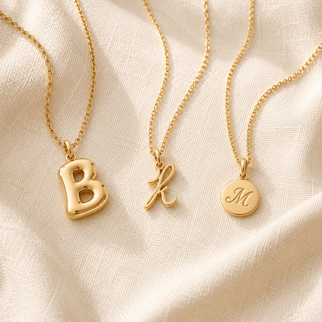 Bubble, dainty script, and charm-style gold initial necklaces on cream linen at ATL Luxury Jewelers Atlanta