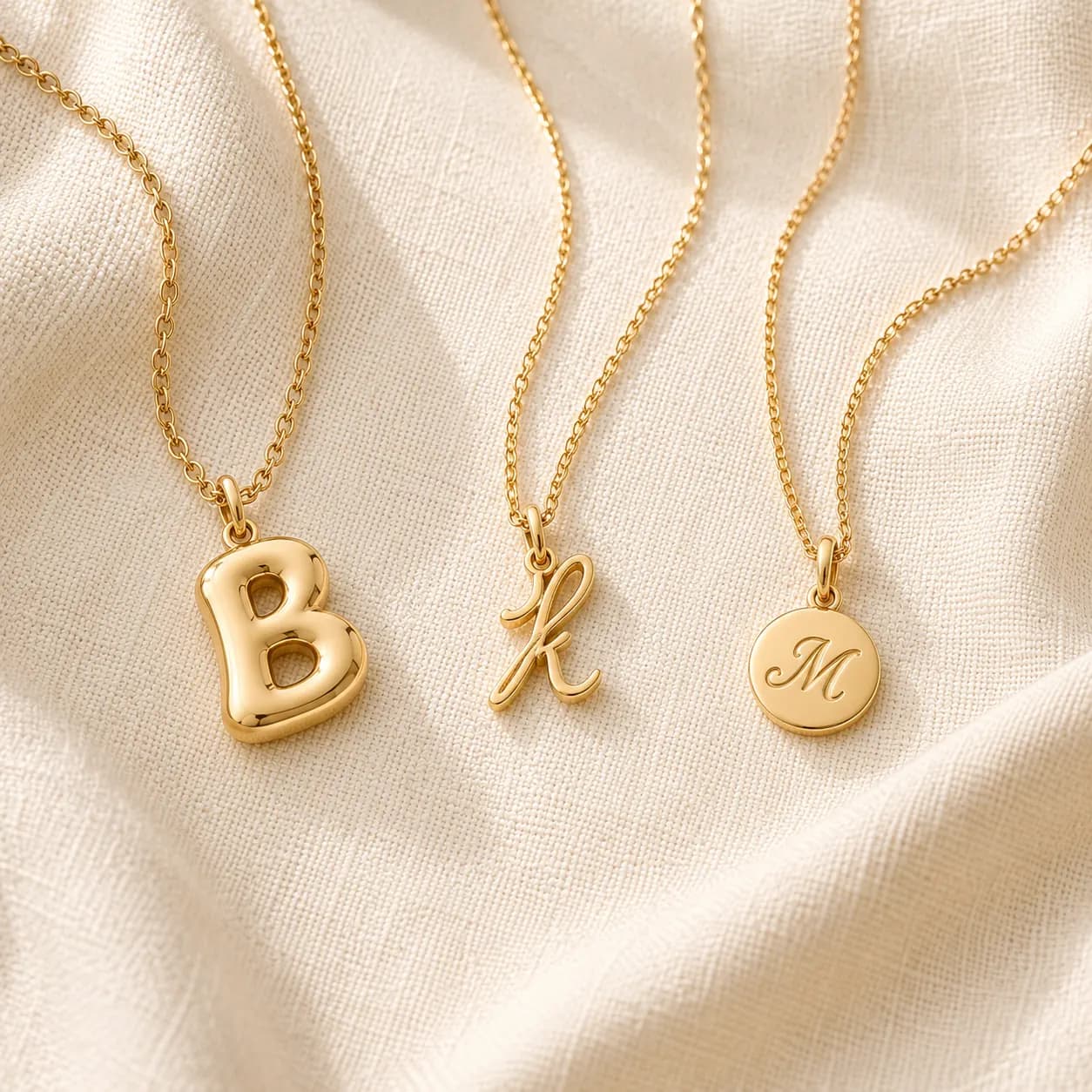 Bubble, dainty script, and charm-style gold initial necklaces on cream linen at ATL Luxury Jewelry Atlanta
