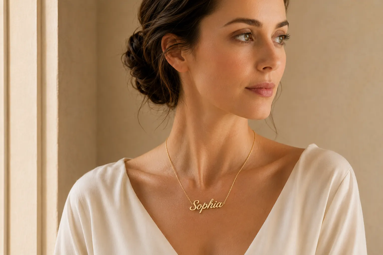 Custom word and name jewelry worn at ATL Luxury Jewelry Atlanta showroom