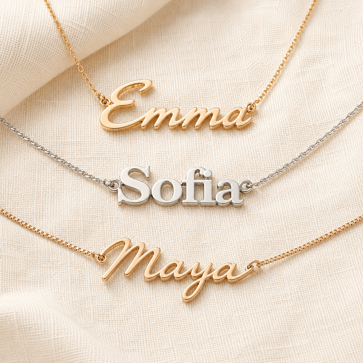 Custom name necklaces in 14K yellow gold script, white gold block letters, and rose gold cursive on cream linen at ATL Luxury Jewelers Atlanta