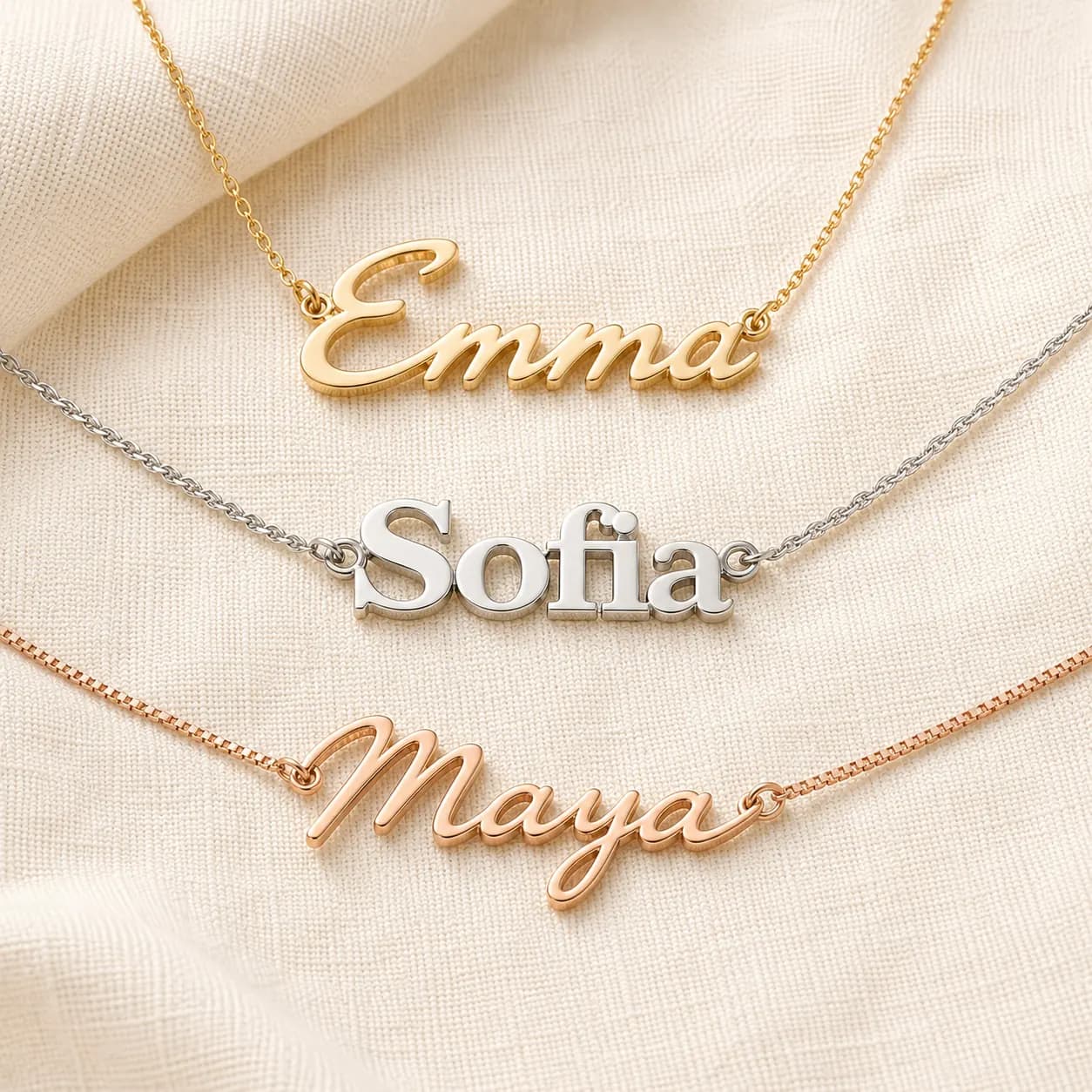 Custom name necklaces in 14K yellow gold script, white gold block letters, and rose gold cursive on cream linen at ATL Luxury Jewelry Atlanta