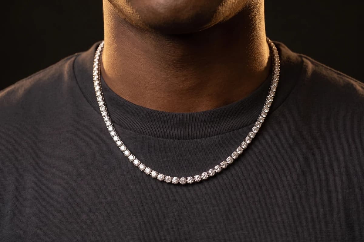 Design prototype — a rendering of a white gold diamond tennis chain worn at the collarbone, a piece ATL Luxury Jewelry can make for you.