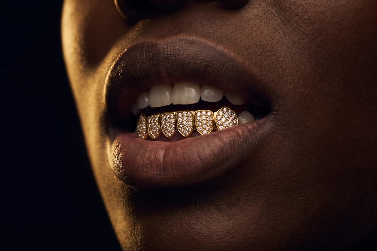 Design prototype — a rendering of a pavé diamond yellow gold grillz set worn over the lower teeth, a piece ATL Luxury Jewelry can make for you.