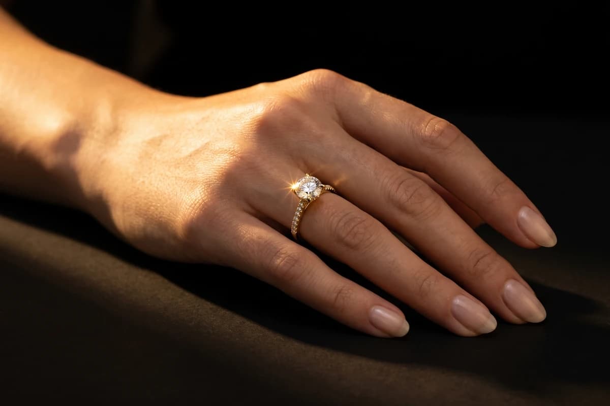 Design prototype — a rendering of a yellow gold oval-diamond solitaire ring worn on the ring finger, a piece ATL Luxury Jewelry can make for you.