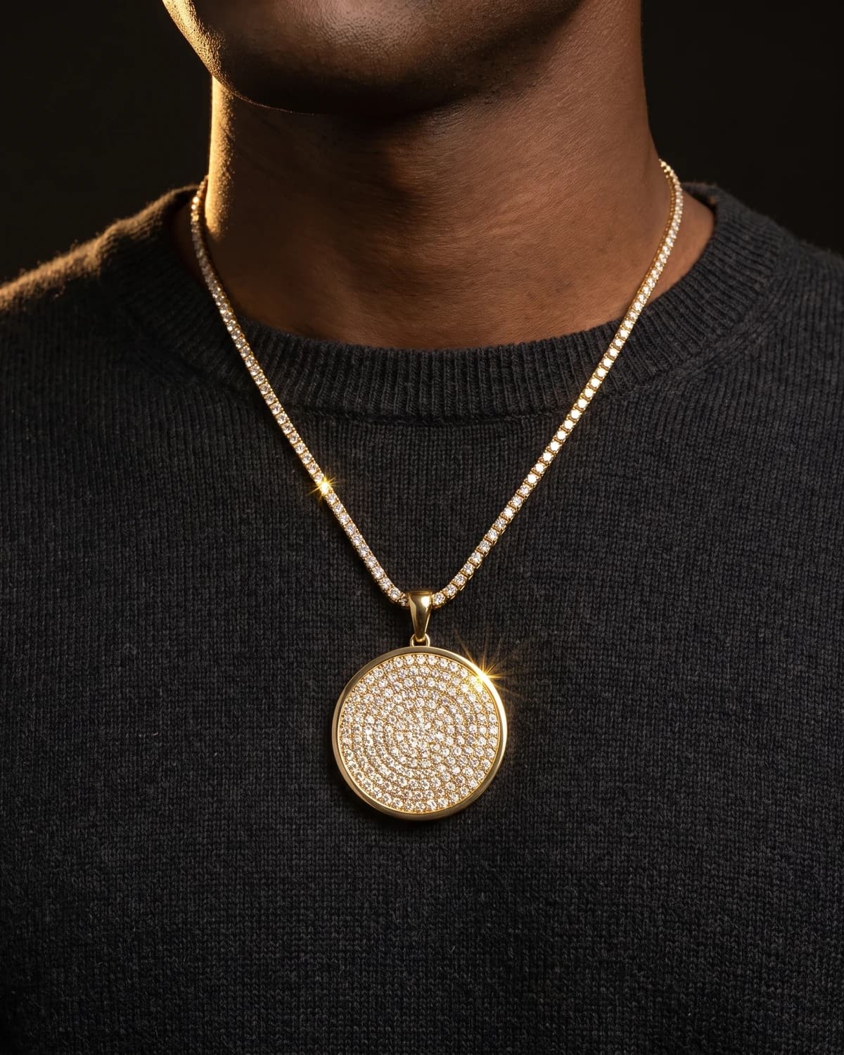 Design prototype — a rendering of a pavé diamond disc pendant on a diamond tennis chain worn at the chest, a piece ATL Luxury Jewelry can make for you.