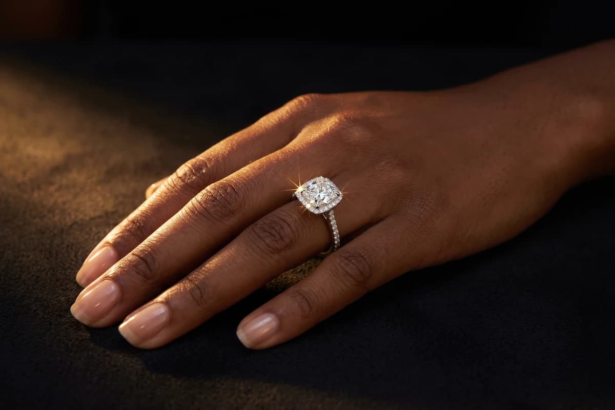Design prototype — a rendering of a cushion-cut diamond halo ring with a pavé band, worn on the ring finger, a piece ATL Luxury Jewelry can make for you.