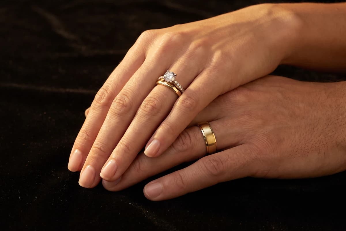 Design prototype — a rendering of a diamond solitaire ring and pavé wedding band stack worn on the ring finger of one hand resting over another hand wearing a plain gold wedding band, a piece ATL Luxury Jewelry can make for you.