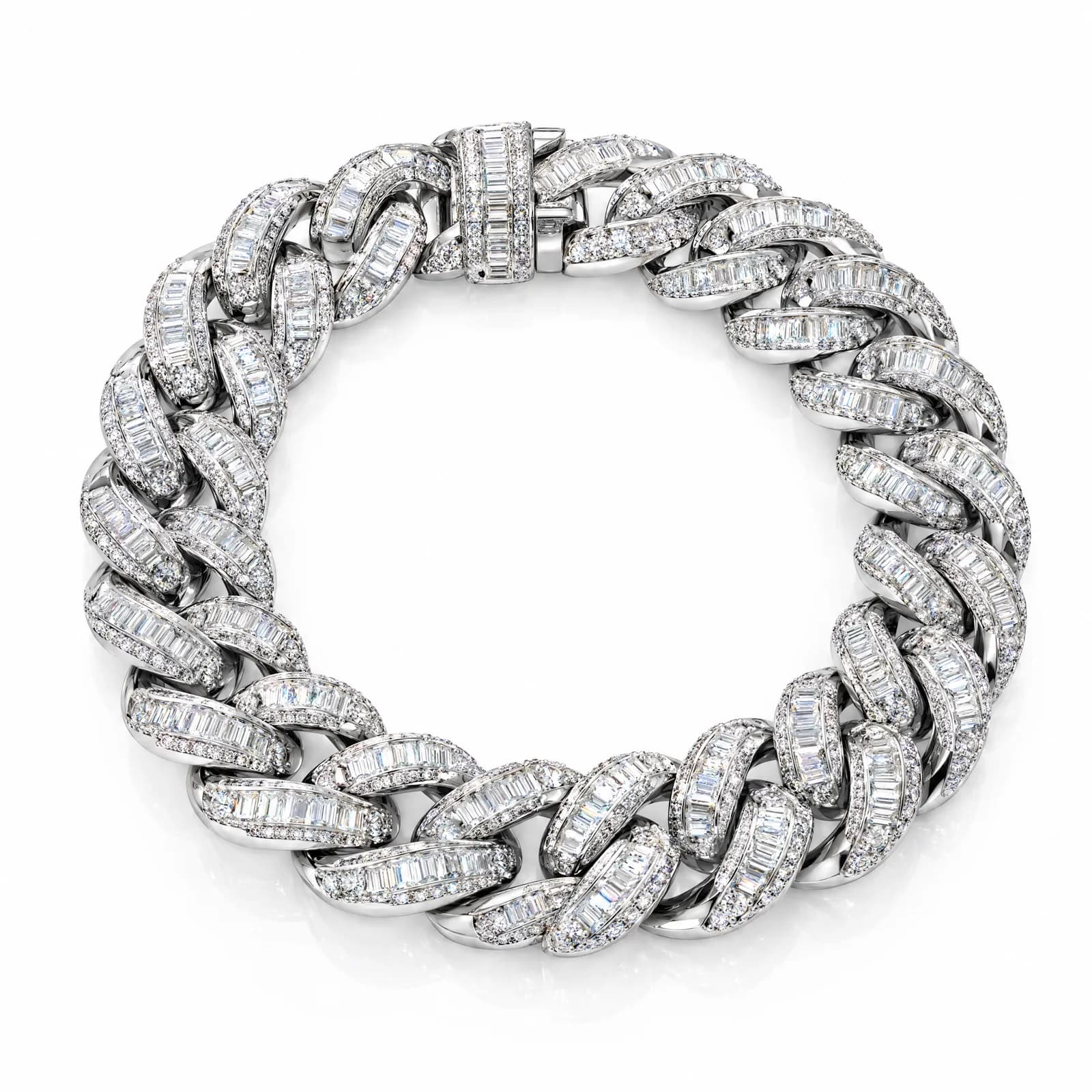 Design prototype — a rendering of an iced white gold Cuban link bracelet set with baguette and round diamonds