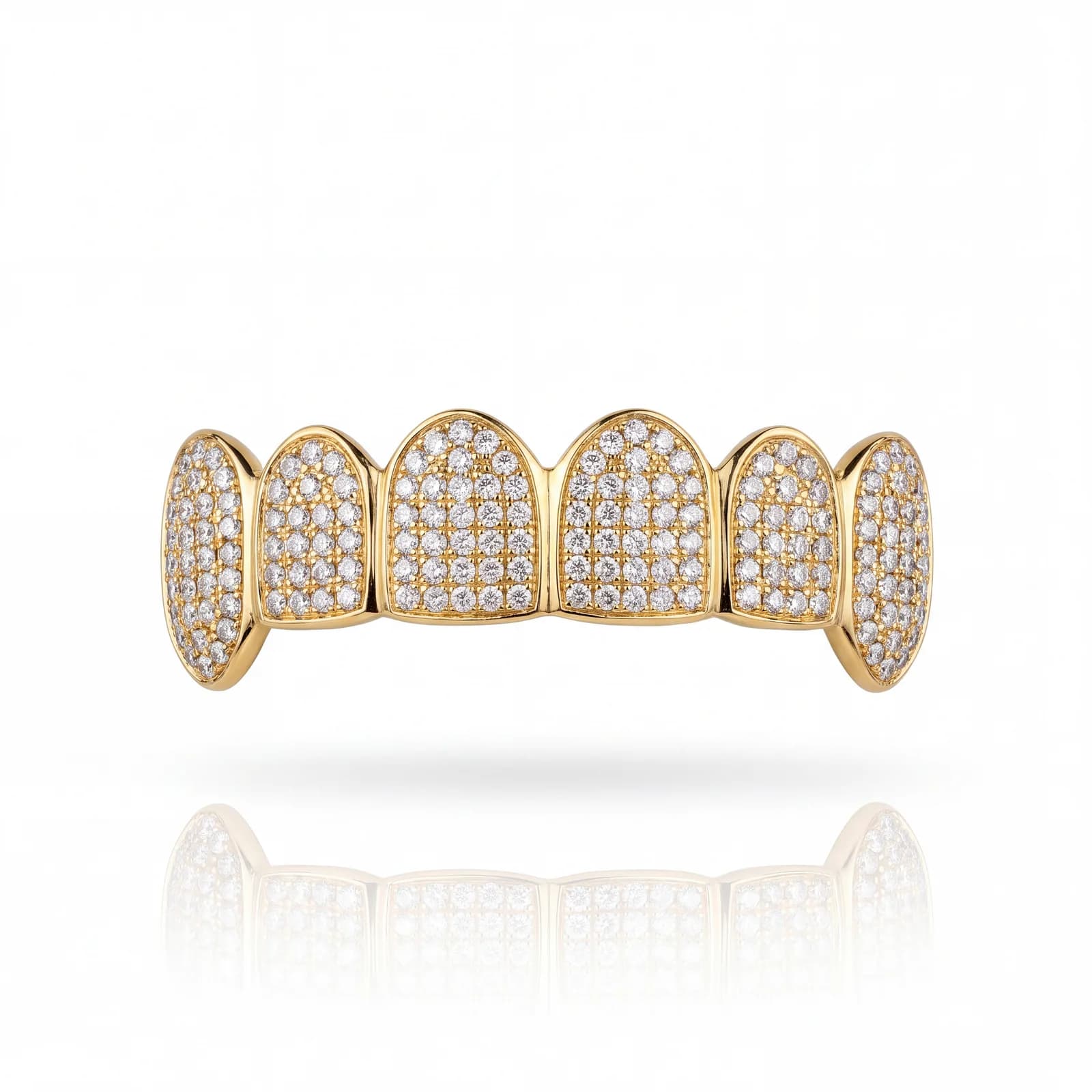 Design prototype — a rendering of a six-tooth yellow gold top grill fully iced with pavé diamonds
