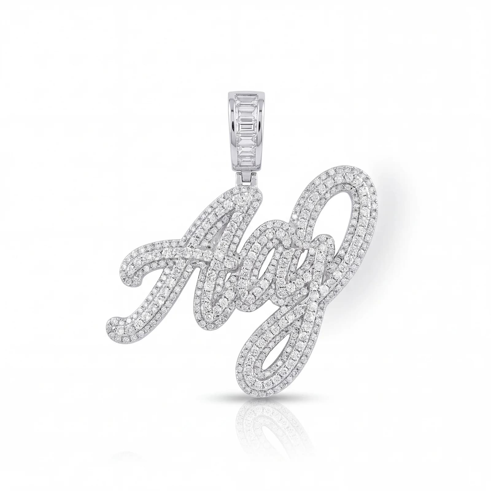 Design prototype — a rendering of an iced white gold script pendant with a baguette-set bail