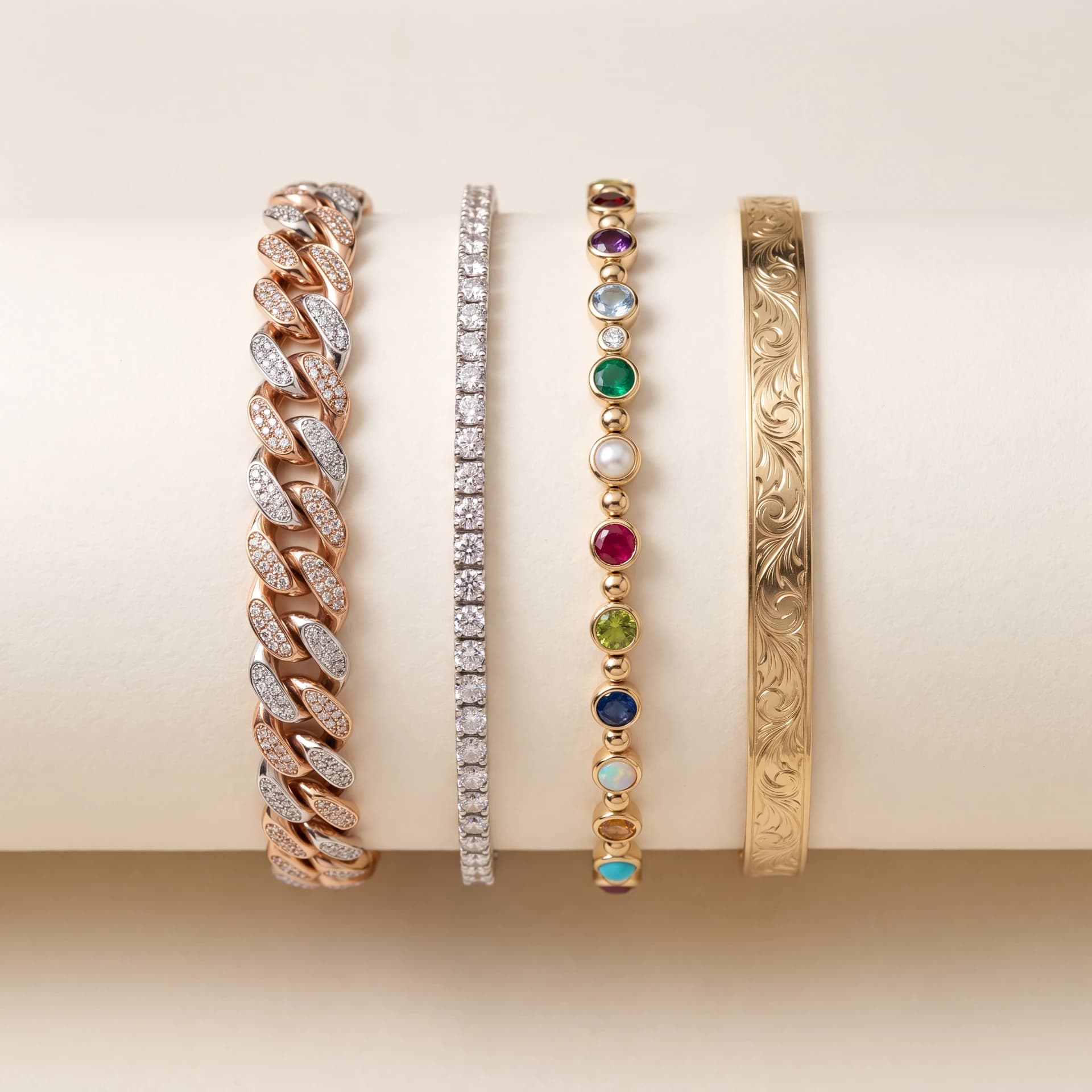Design prototype — a rendering of custom bracelets in mixed metal finishes: gold link, tennis, birthstone and engraved cuff