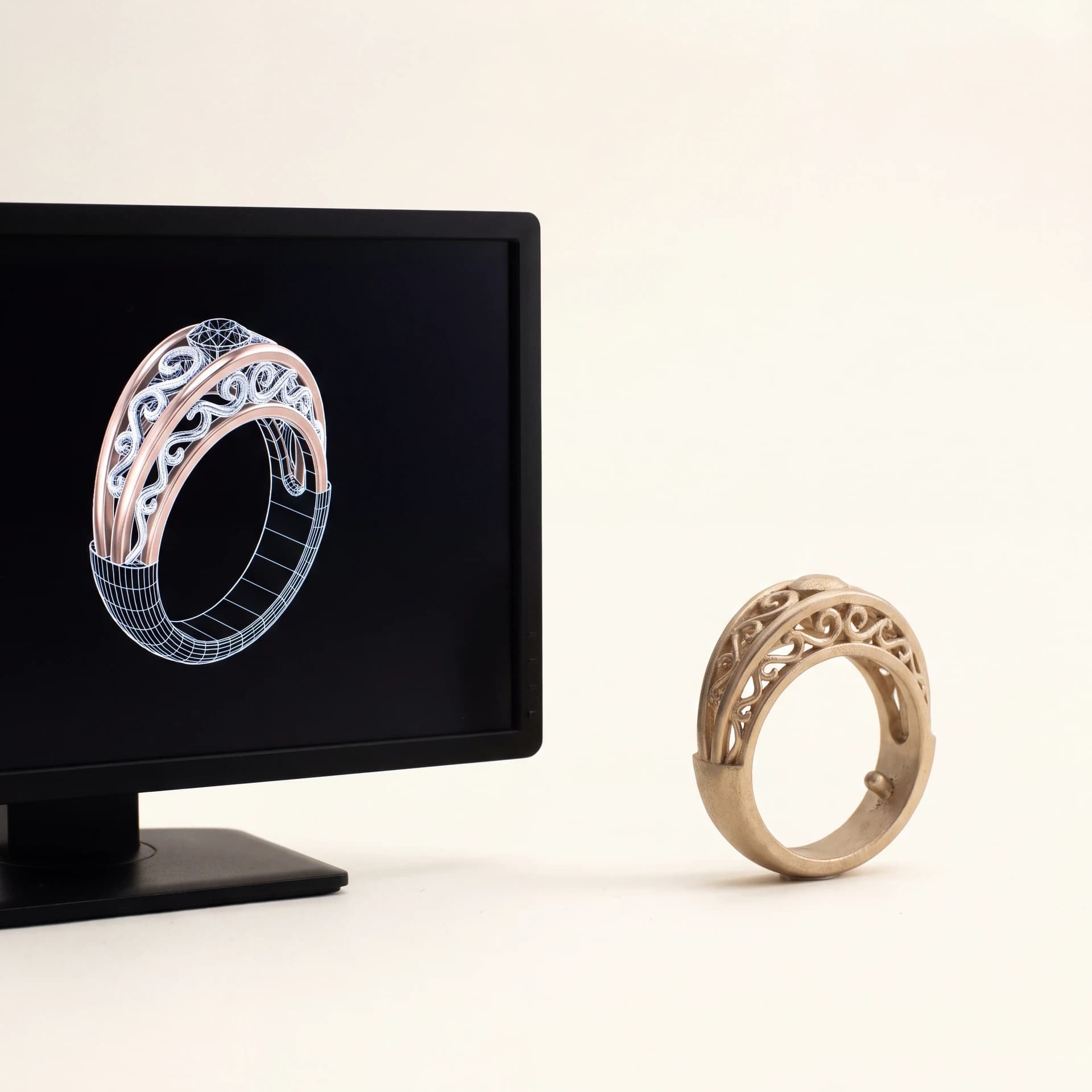 Design prototype — a CAD render of an engagement ring beside the same design in unpolished cast gold, illustrating the ATL Luxury Jewelry commission process