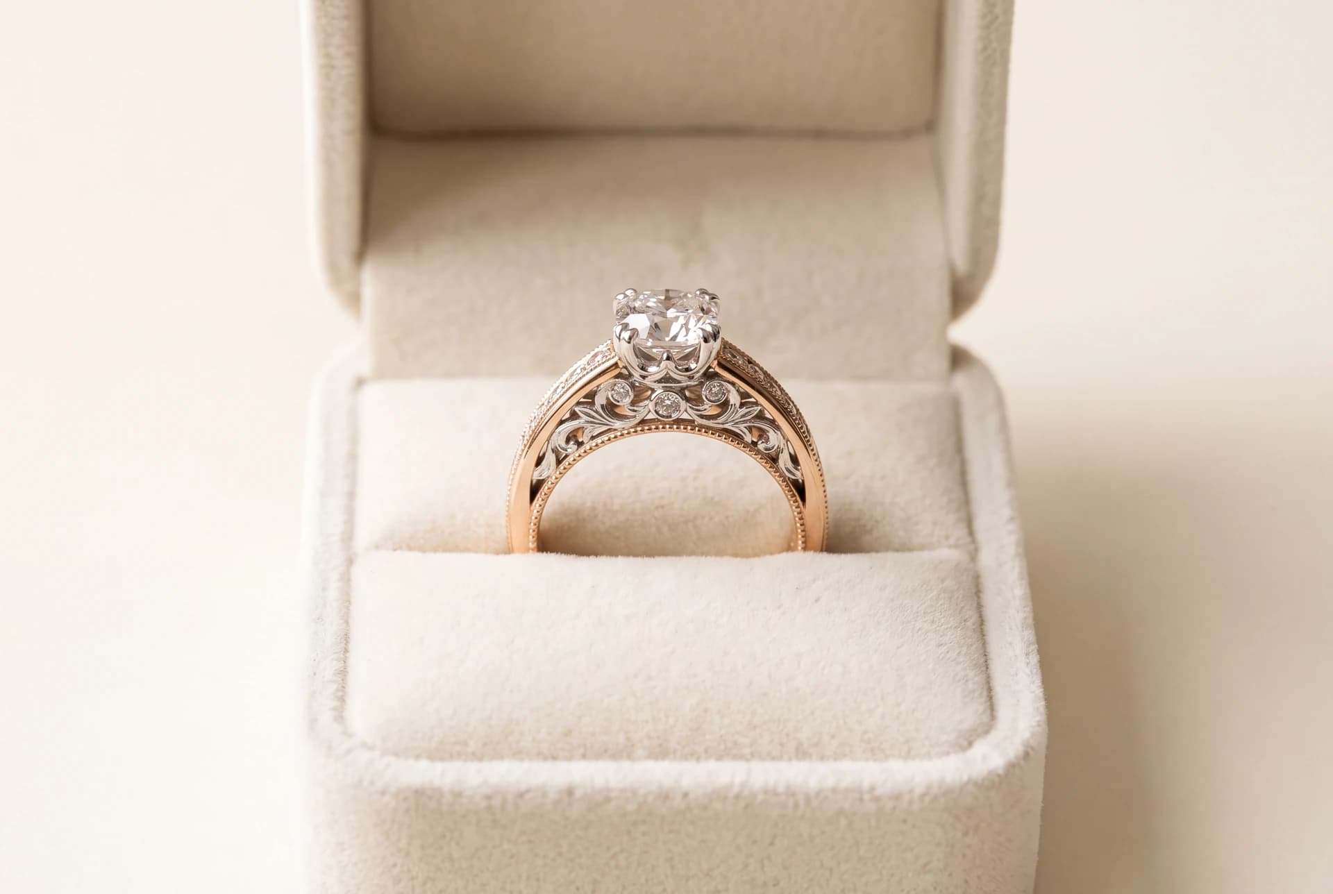 A custom engagement ring in its box, an actual commission by ATL Luxury Jewelry