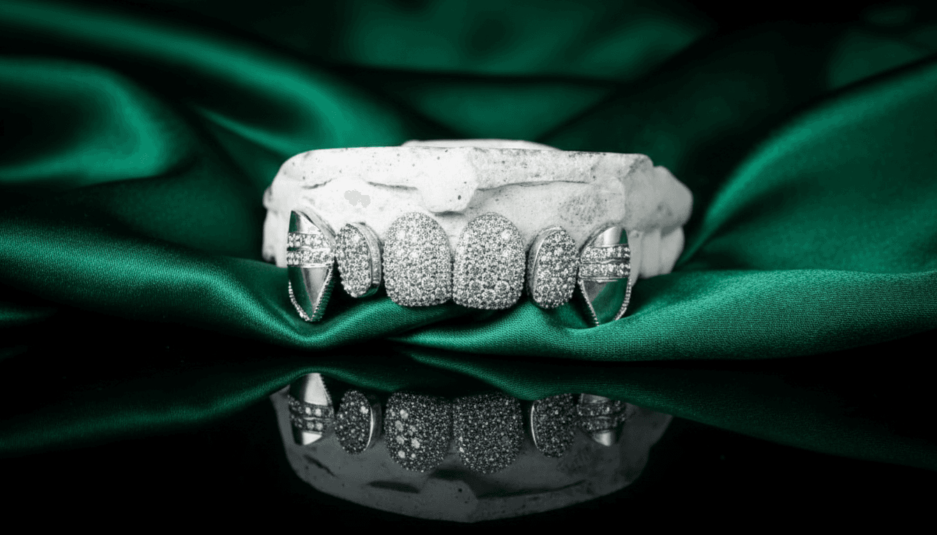 Diamond-encrusted custom grillz on dental mold