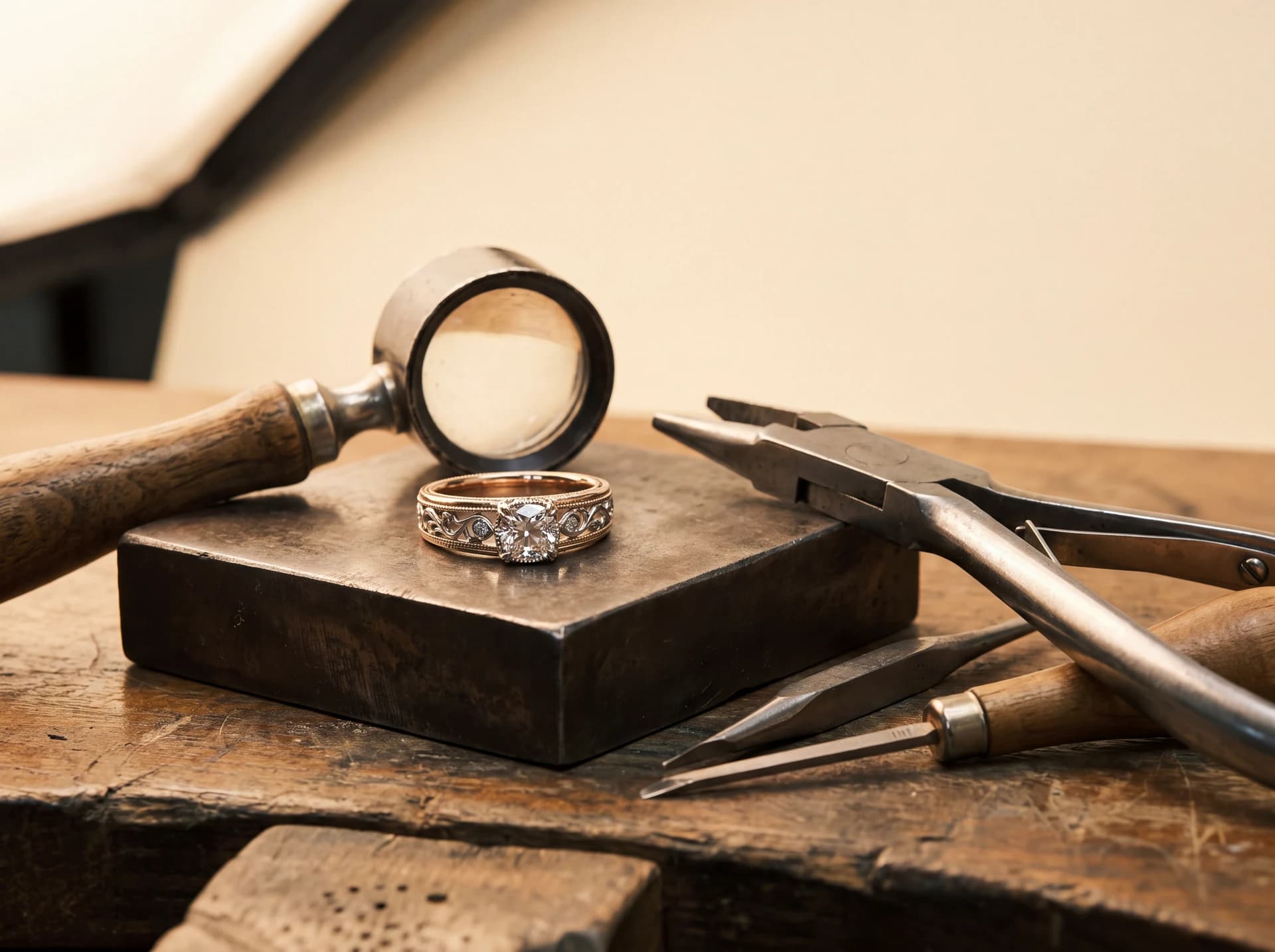 Design prototype — a rendering of a rose gold filigree engagement ring on a bench block beside a loupe, pliers and gravers, illustrating the custom process at ATL Luxury Jewelry