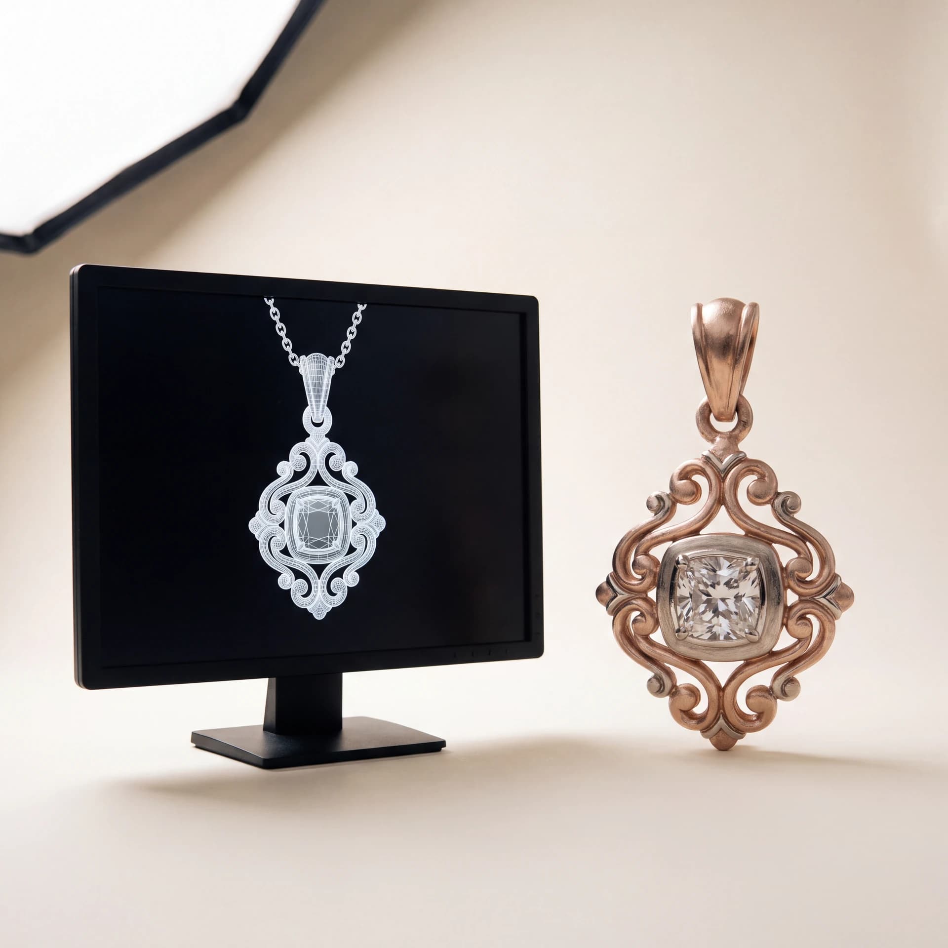 Design prototype — a CAD render of a pendant beside the same design in unpolished cast gold, illustrating the ATL Luxury Jewelry commission process