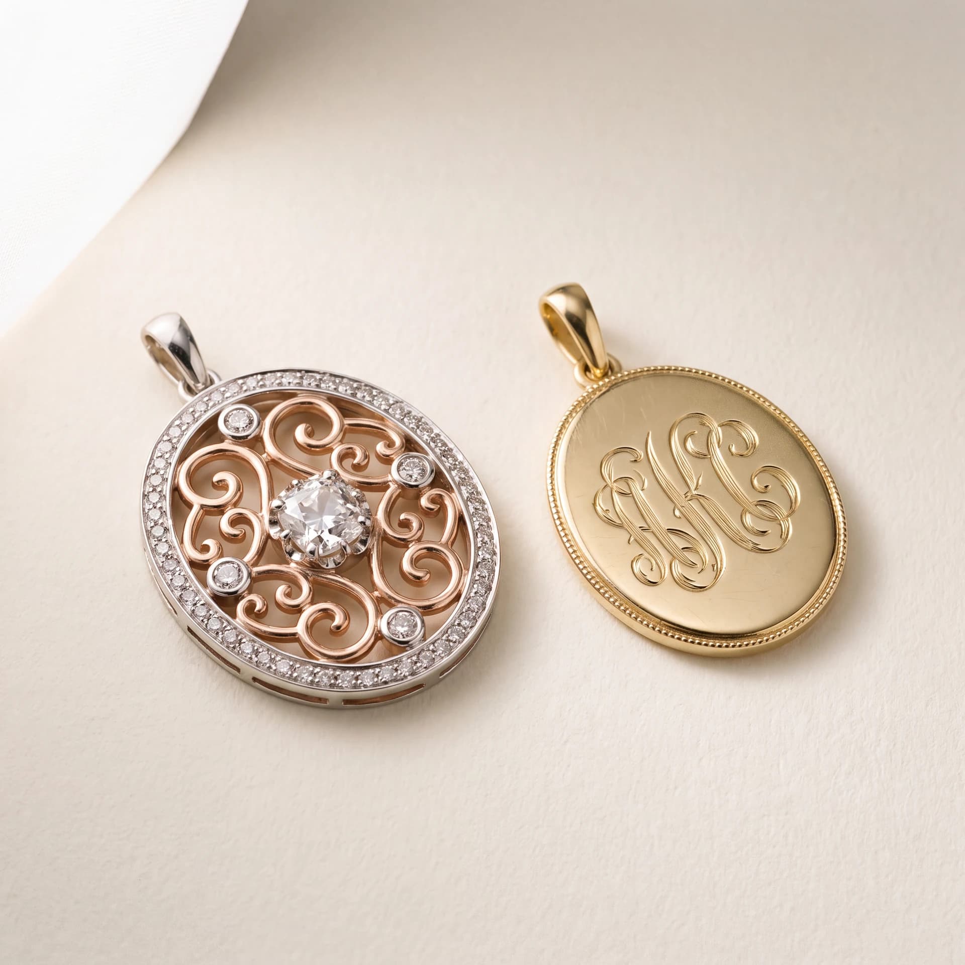 Design prototype — a rendering of a custom diamond pendant and a custom gold pendant side by side