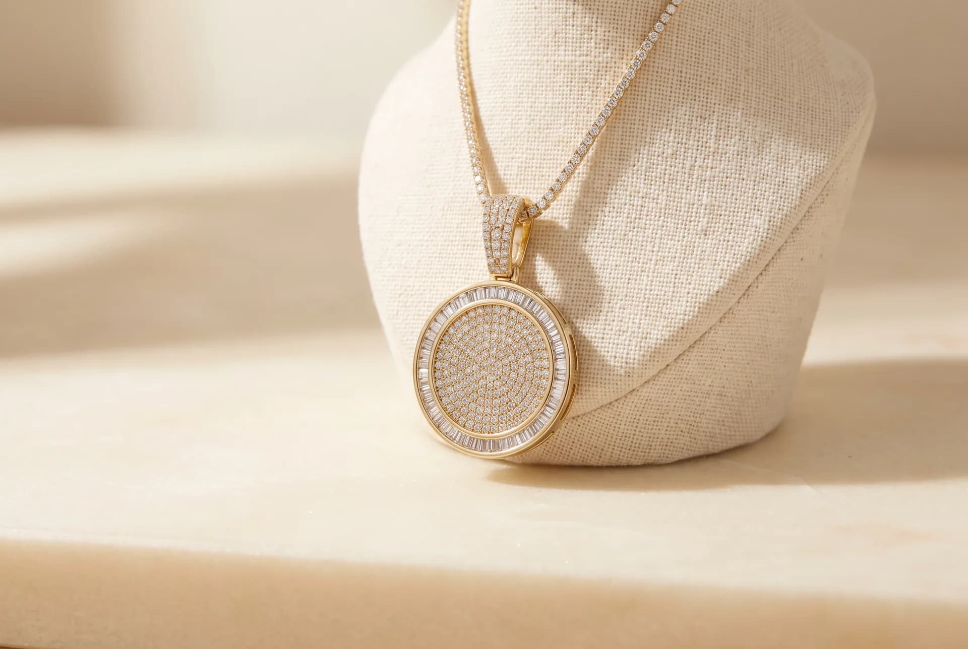 A custom pendant on a display bust, a design rendering by ATL Luxury Jewelry