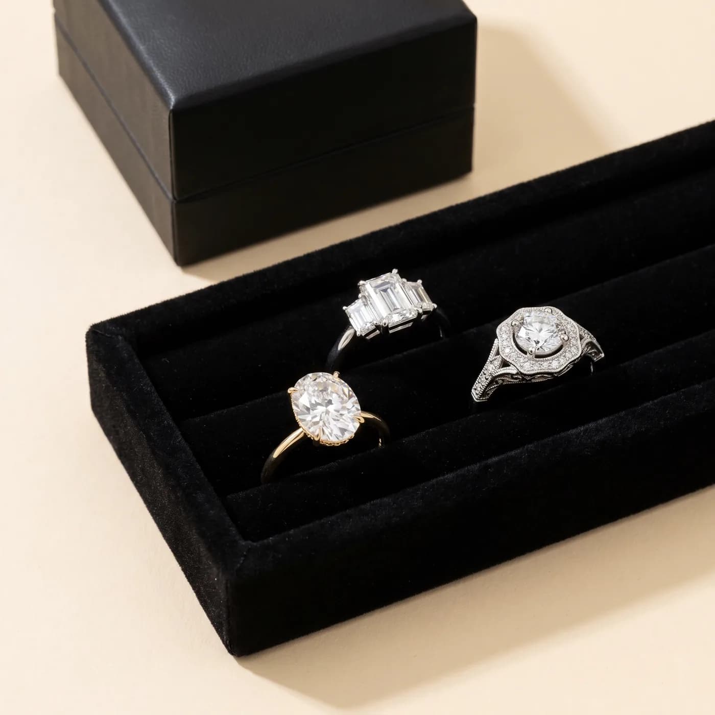 Three diamond engagement rings — an oval solitaire, an emerald-cut three-stone ring and a halo-set ring — in a jeweller’s velvet tray