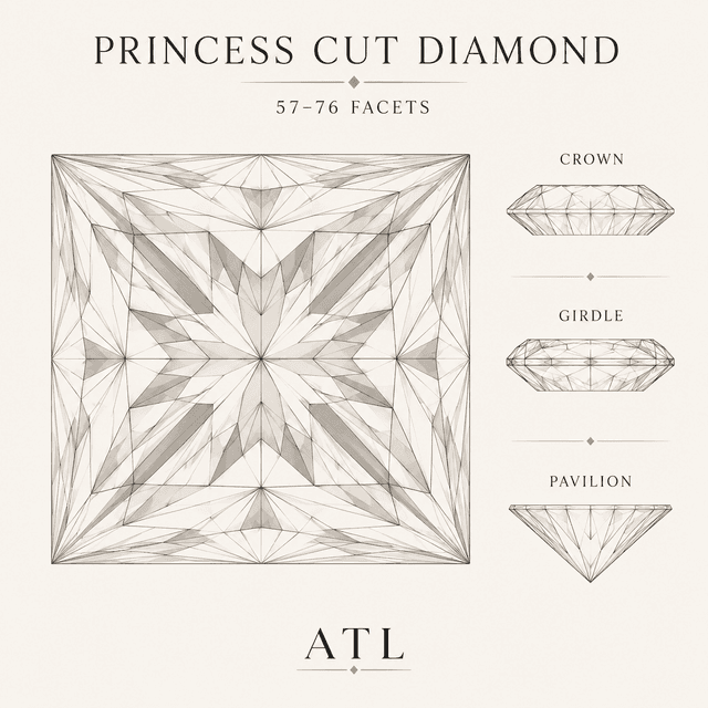 Princess cut diamond facet diagram showing 57–76 brilliant facets and sharp square outline