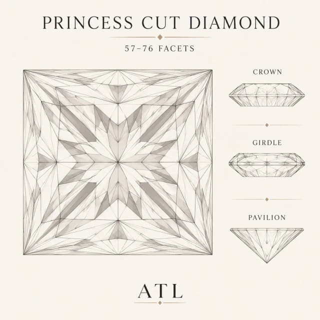 Princess cut diamond facet diagram showing 57–76 brilliant facets and sharp square outline