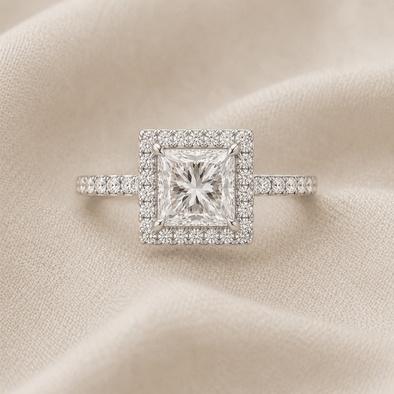 Princess cut halo engagement ring with pavé diamond halo surrounding the center stone