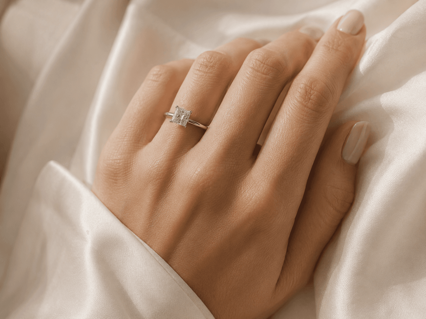Princess cut diamond engagement ring on a woman's hand resting on cream silk