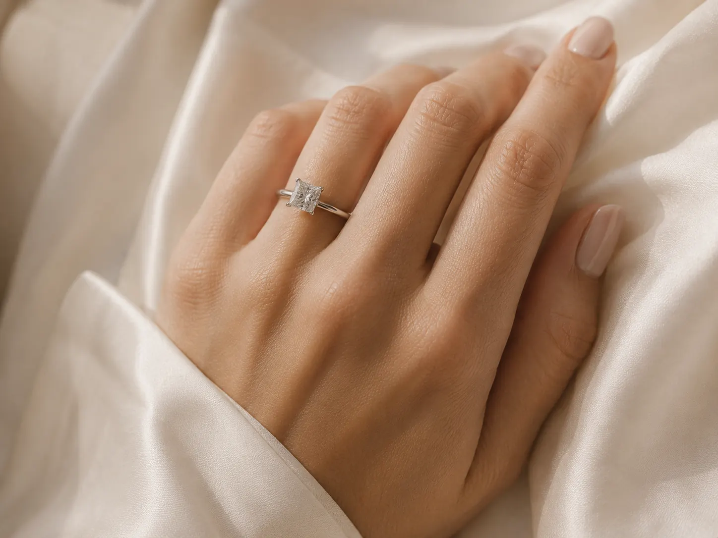 Princess cut diamond engagement ring on a woman's hand resting on cream silk