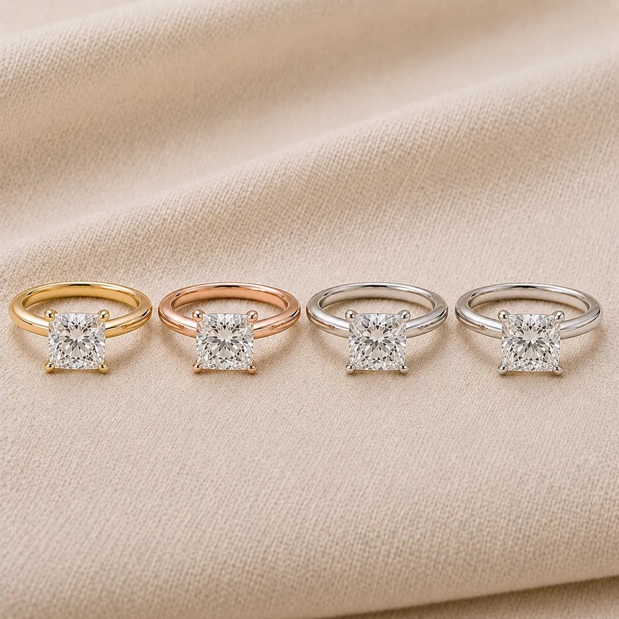 Princess cut engagement rings in white gold, yellow gold, rose gold, and platinum at ATL Luxury Jewelry Atlanta