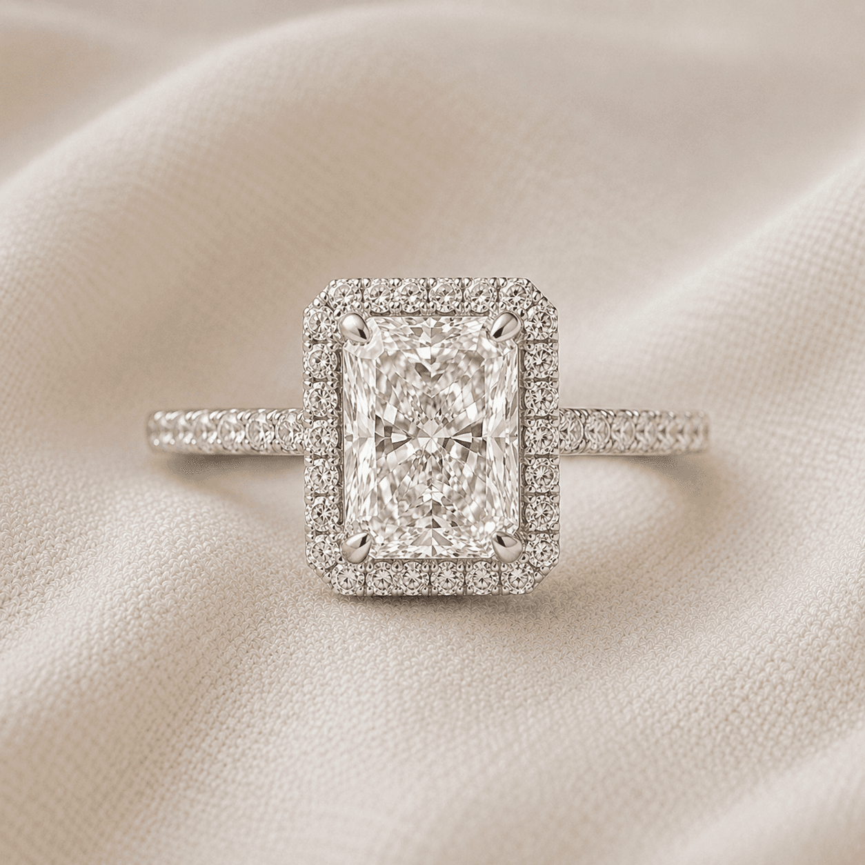 Radiant cut halo engagement ring