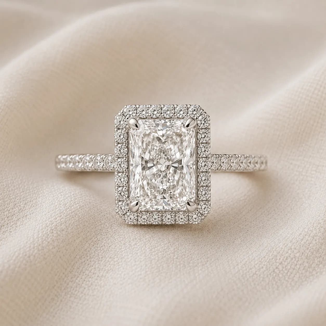 Radiant cut halo engagement ring