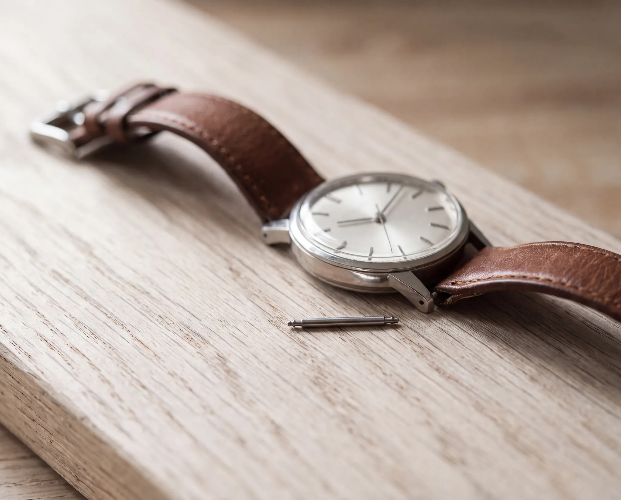 A wristwatch with a cream dial and a brown leather strap, the strap detached from the case with a small spring bar pin lying loose beside it on a pale weathered oak table at ATL Luxury Jewelry, Snellville GA