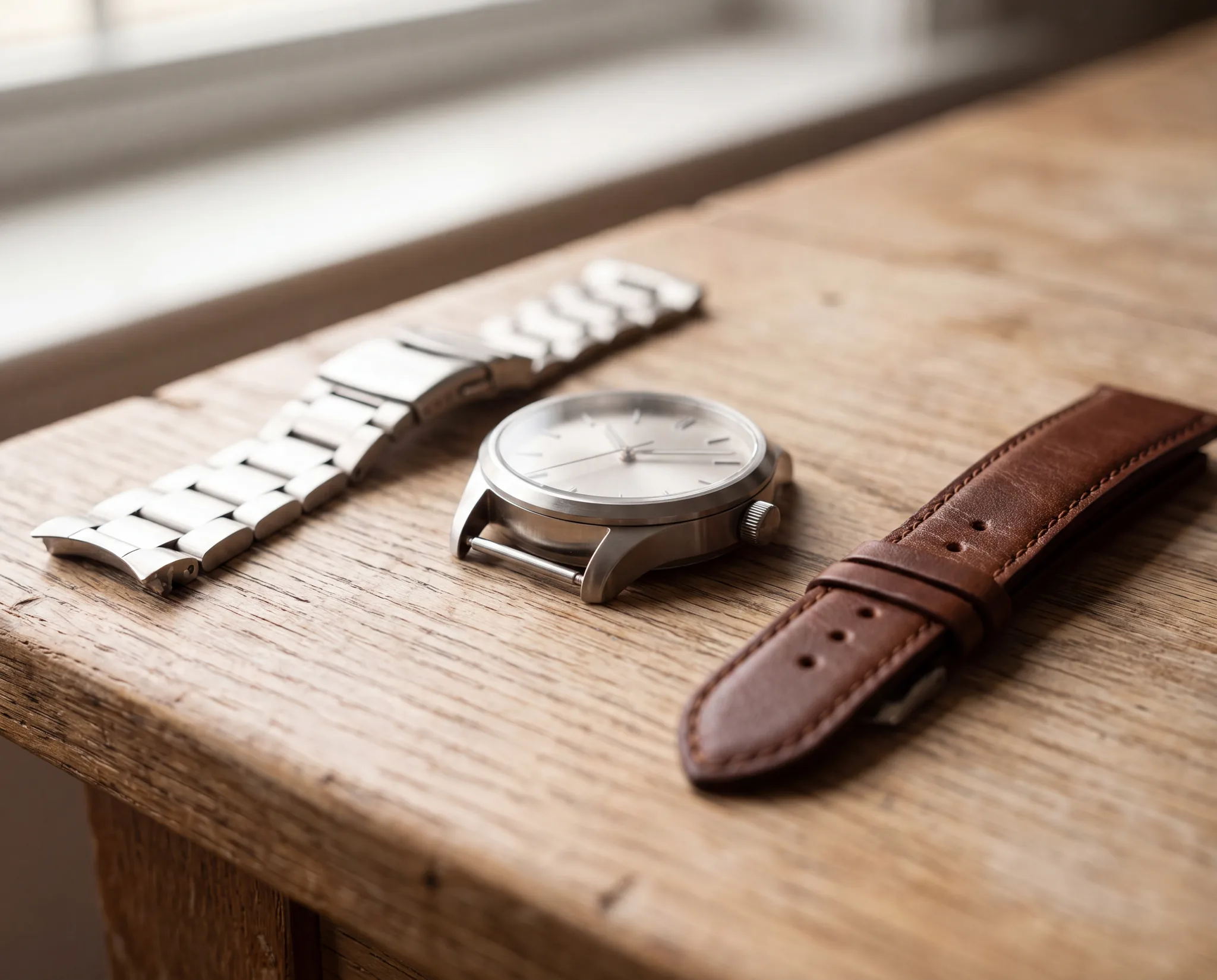 A steel watch bracelet, a watch head with a cream dial, and a brown leather strap laid out separately on a pale weathered oak table at ATL Luxury Jewelry, Snellville GA
