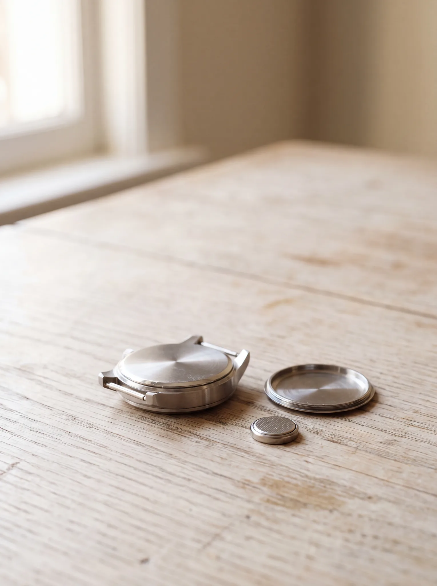 An open steel watch case beside its separated case back and a small round battery, on a pale weathered oak table in soft window light at ATL Luxury Jewelry, Snellville GA