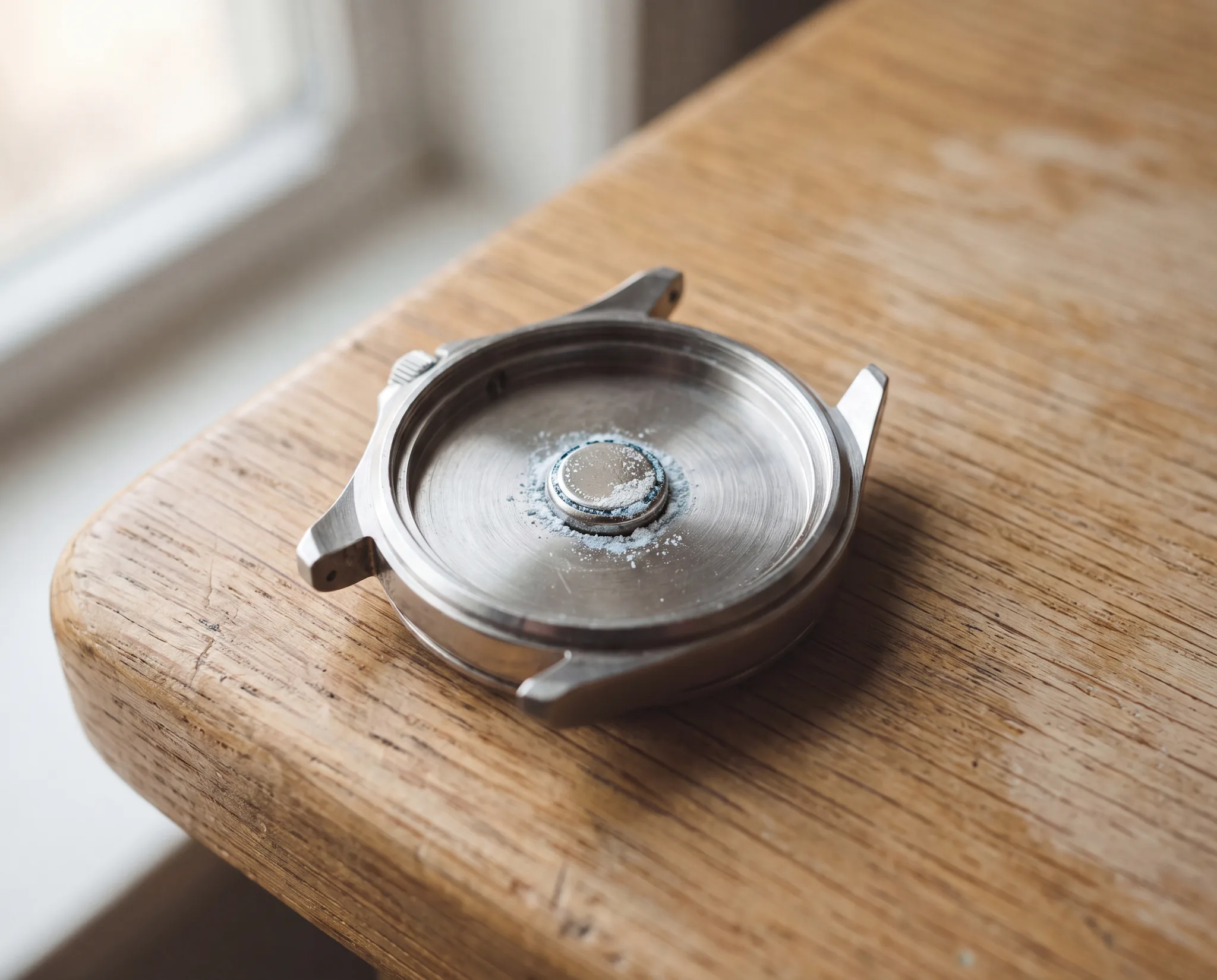 An open steel watch case with pale blue-green corrosion residue around its battery contact, resting on a pale weathered oak table at ATL Luxury Jewelry, Snellville GA