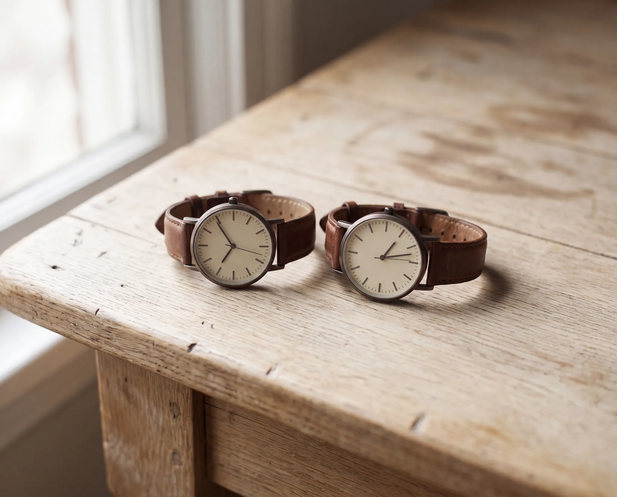Two steel wristwatches with cream dials and brown leather straps, lying side by side on a pale weathered oak table and showing different times at ATL Luxury Jewelry, Snellville GA