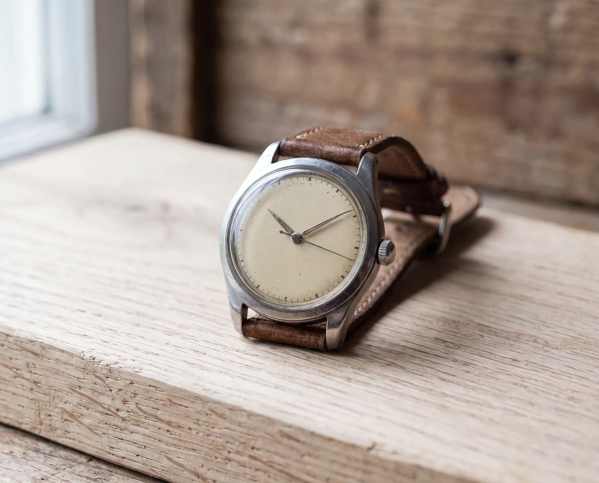 A vintage steel wristwatch with a spotted cream dial and a worn brown leather strap, resting on a pale wood surface at ATL Luxury Jewelry, Snellville GA