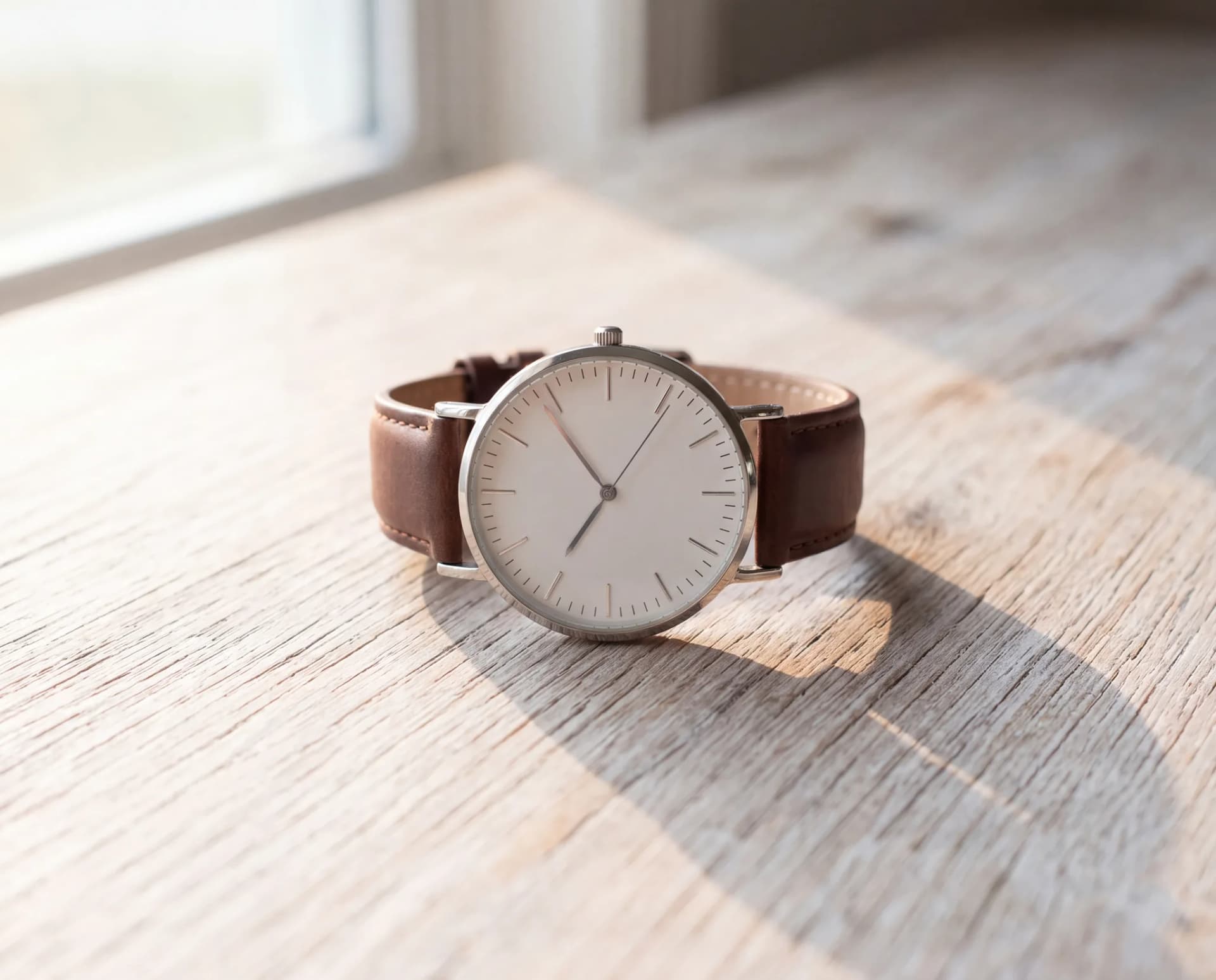 A steel wristwatch with a cream dial, baton hands and a brown leather strap, lying on a pale weathered oak table in soft window light at ATL Luxury Jewelry, Snellville GA