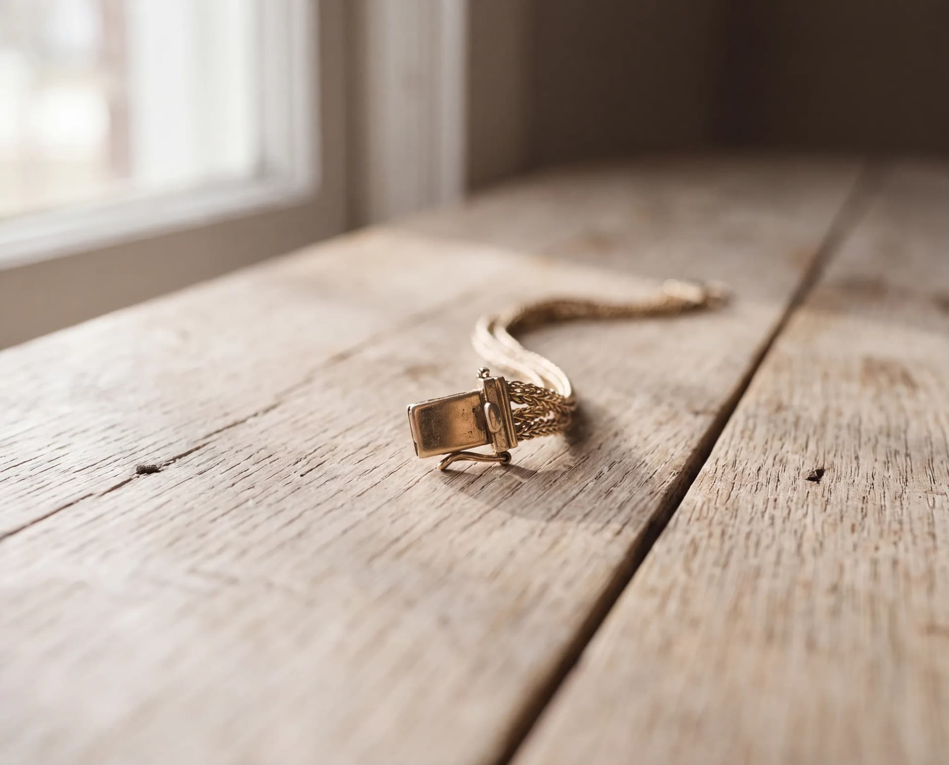 A gold bracelet box clasp hanging open and not catching, on a pale wood surface