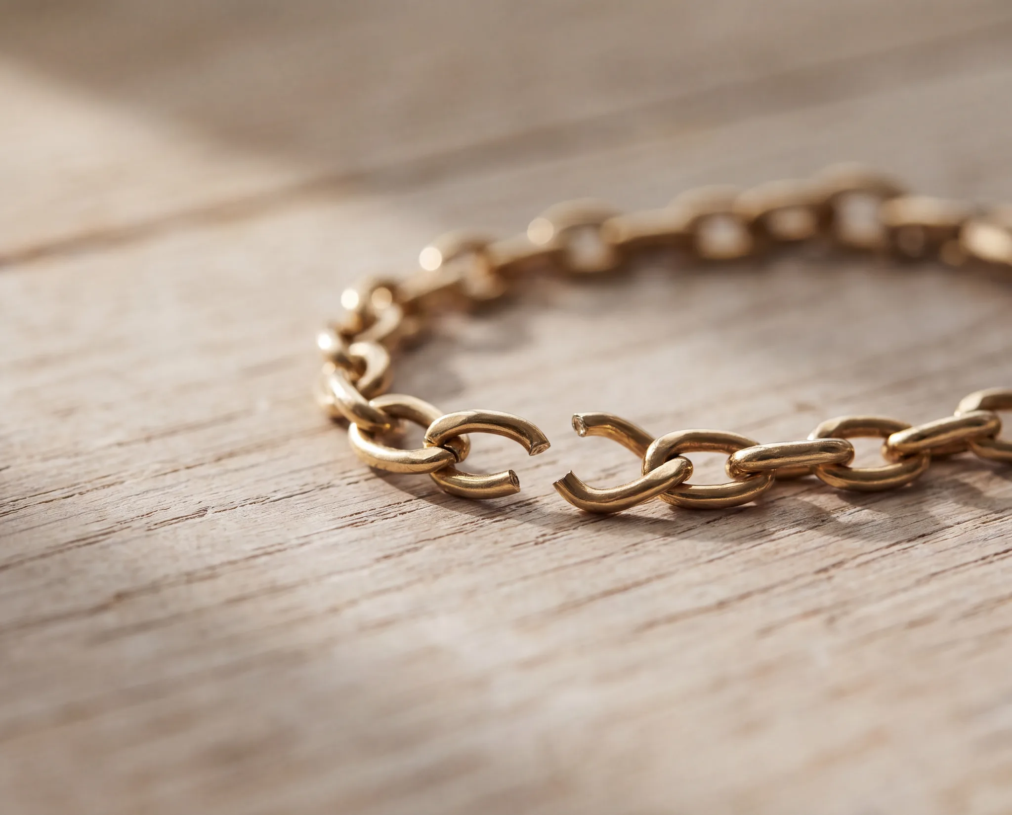A gold link bracelet on a pale wood surface with one link broken open and the ends separated