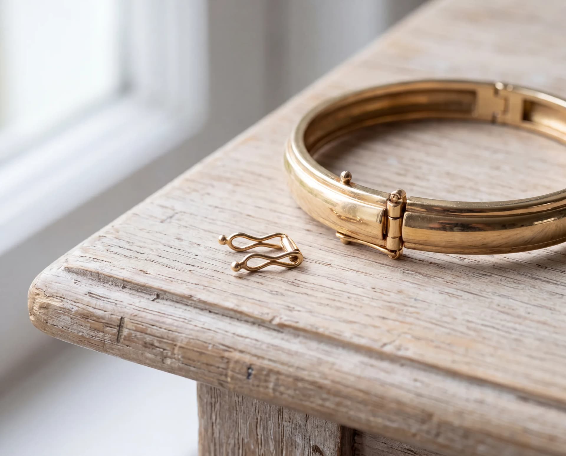 A gold bracelet clasp on a pale wood surface with its safety catch broken off and lying loose beside it