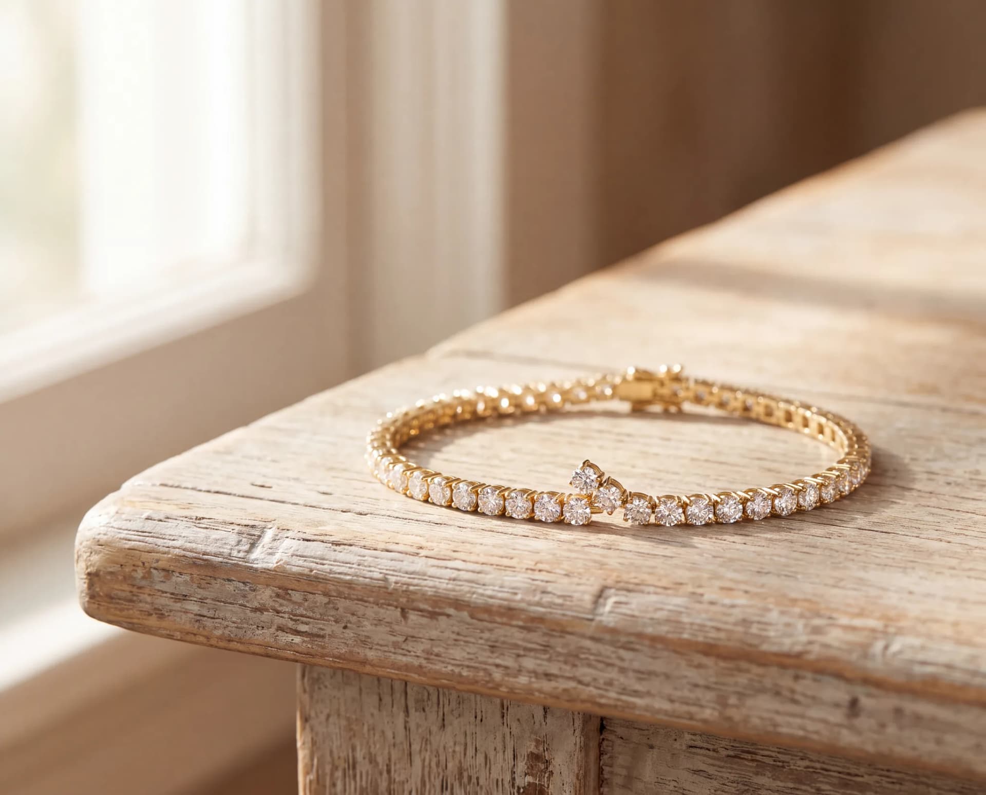 A diamond tennis bracelet on a pale wood surface with one link pulled free, leaving a gap in the row of stones