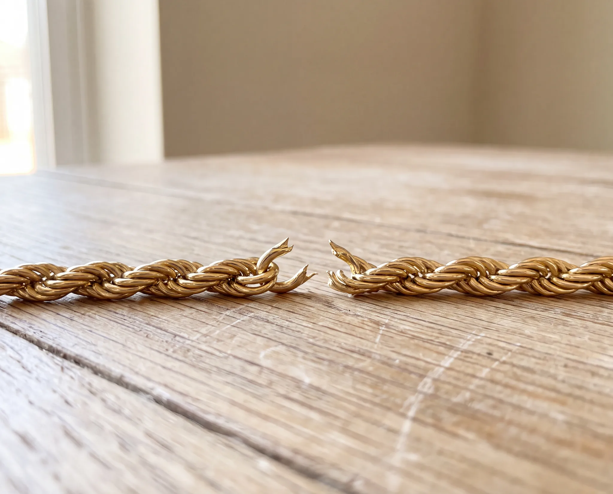 A gold chain with a snapped link resting on a pale wood surface